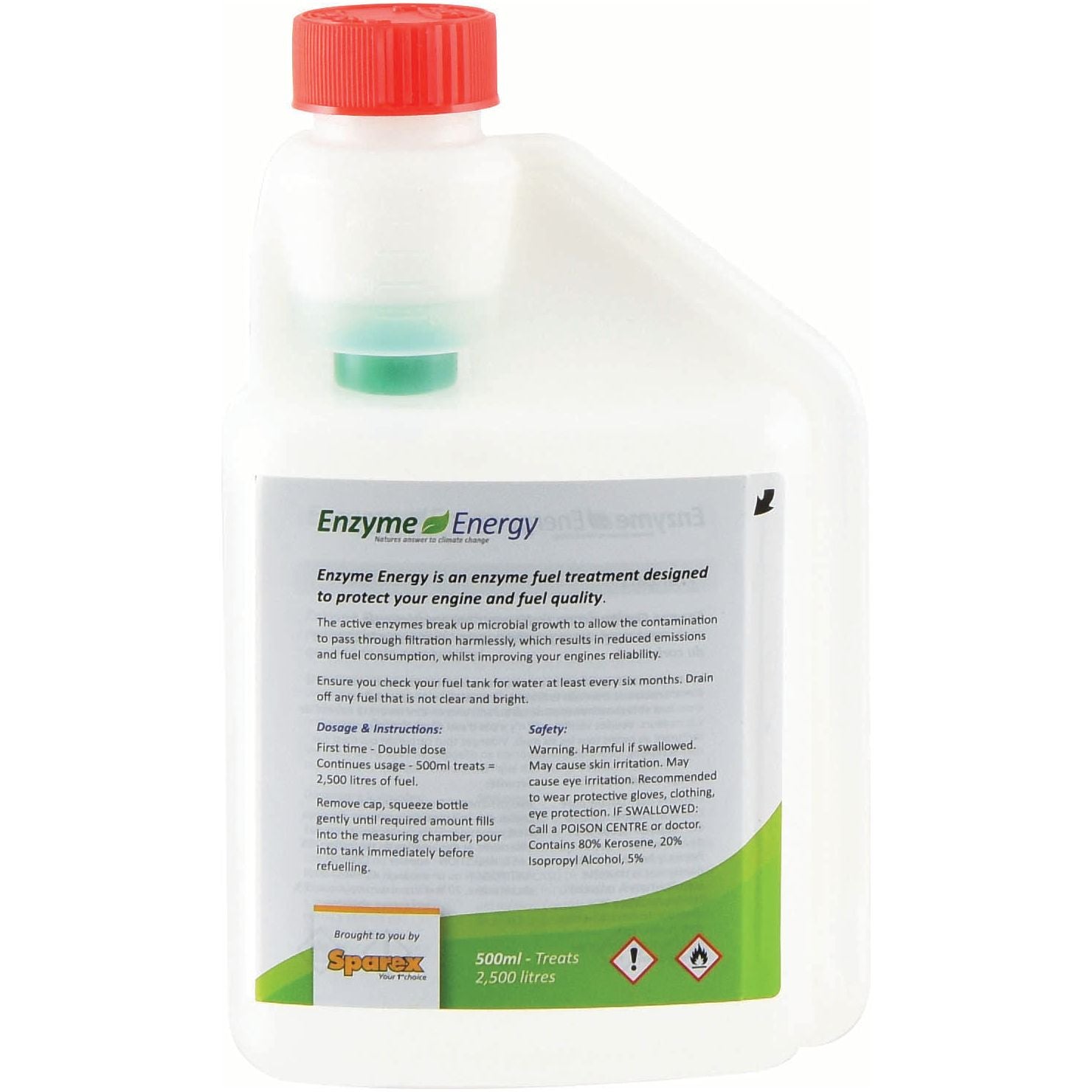 A white plastic bottle with a red cap labeled "Enzyme Energy Fuel Treatment 500ml - S.24894" under the Sparex brand. It is designed for enzyme fuel treatment to protect engine and fuel quality, reduce fuel emissions, and treat up to 2,500 liters of fuel.