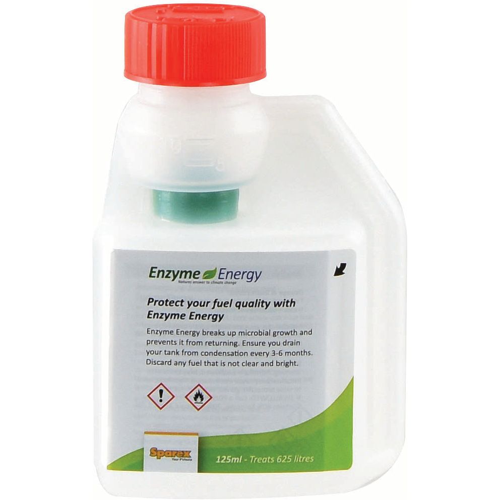 A 125ml bottle of Sparex Enzyme Energy Fuel Treatment (S.24893) with a red cap and a label detailing usage instructions and safety warnings. It treats 625 liters of fuel, preventing microbial growth and water build-up, ensuring improved fuel economy.
