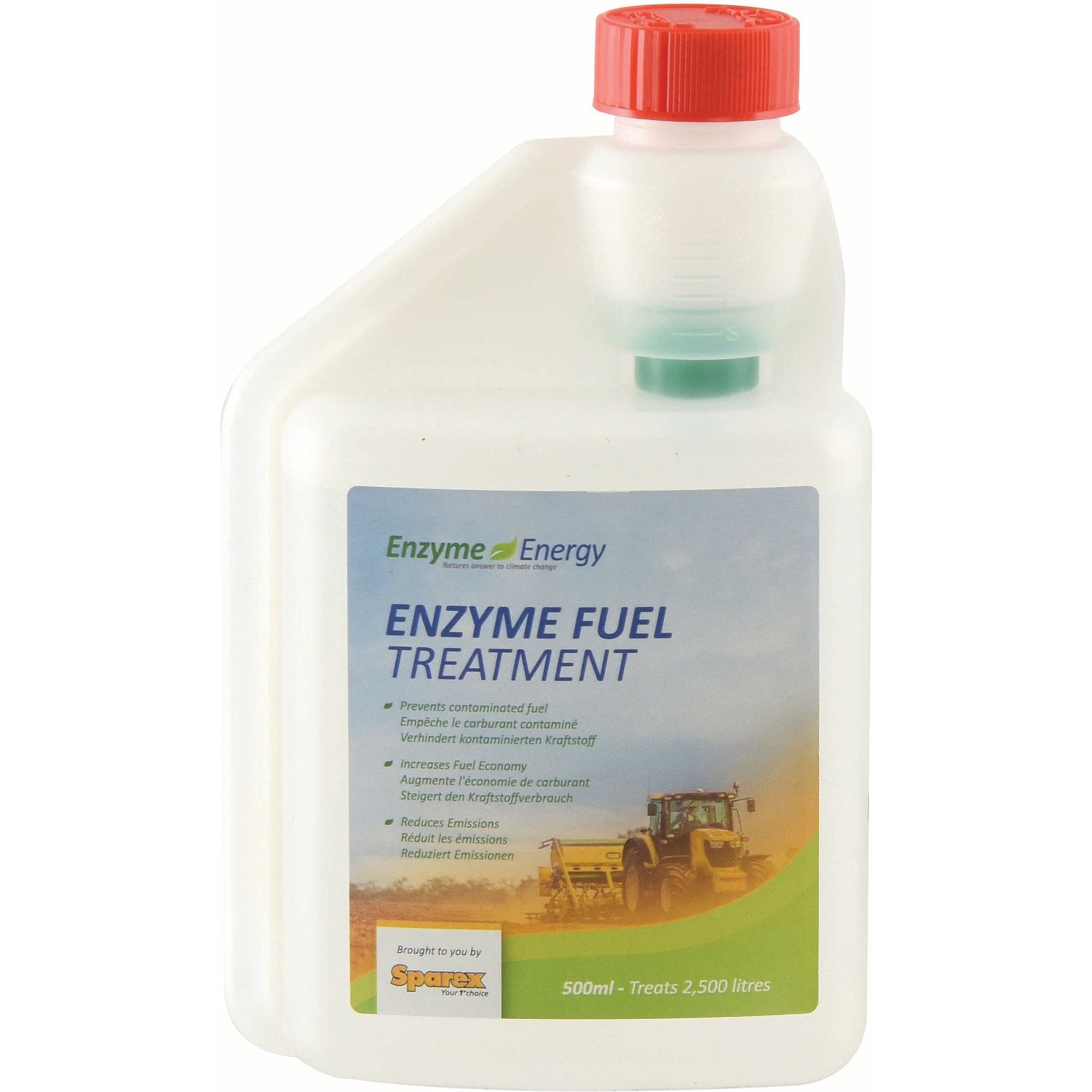 A bottle of Sparex Enzyme Energy Fuel Treatment 500ml (S.24894) with a red cap. The label indicates it treats 2,500 liters and promotes fuel efficiency, reduces fuel emissions, and cleans the fuel system for increased fuel economy.