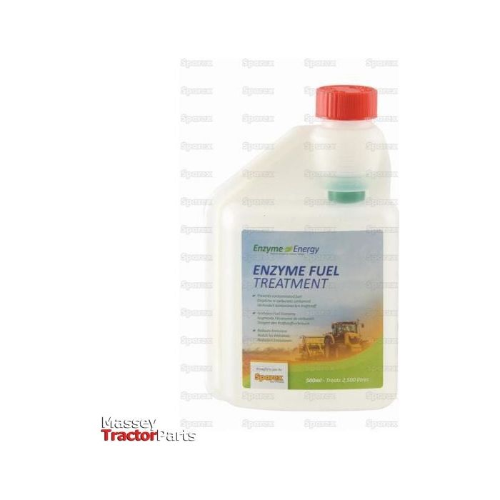 A white bottle of Enzyme Energy Fuel Treatment 500ml - S.24894 with a red cap, featuring agricultural machinery imagery and "Massey Tractor Parts" branding in the bottom left corner. Crafted by Sparex, this treatment not only ensures fuel contamination prevention but also reduces fuel emissions, enhancing overall fuel economy.