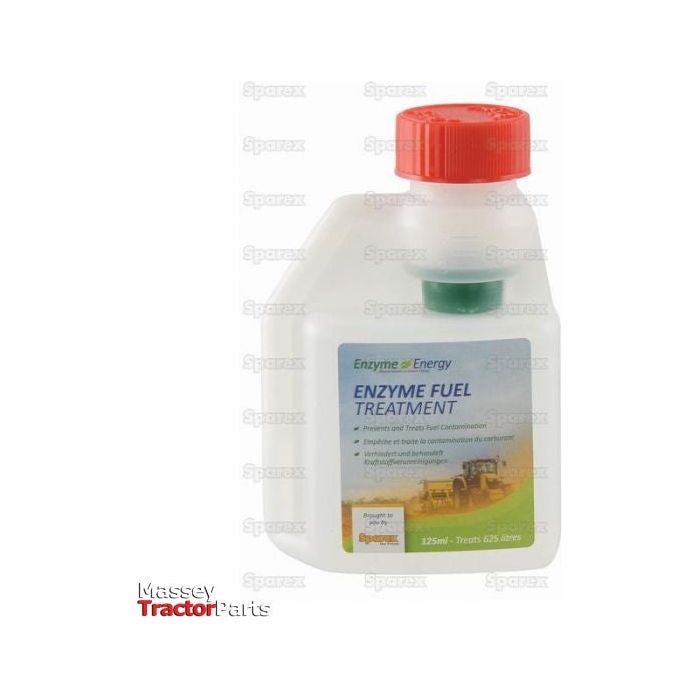 Bottle of Enzyme Energy Fuel Treatment 125ml - S.24893 by Sparex, featuring a red cap and white label, designed to combat fuel contamination and improve fuel economy.
