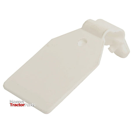 Angled view of a white plastic Epos type swing tag (Sparex Part No.S.28283) with a hole for attaching. The text "Massey Tractor Parts" is displayed in red and black on the lower left corner. Perfect for organizing Sparex components 25848 or 25849.