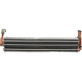 The Evaporator - S.106741 by Sparex is a horizontal, rectangular metal heat exchanger featuring coiled tubes, copper pipes, and valves on the ends, arranged on a white background. It is ideal for industrial applications.