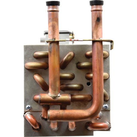 Close-up view of the Evaporator - S.106741 from Sparex, showcasing a copper pipe assembly attached to a metal plate, featuring multiple bends and connections, secured with screws—suitable for detailed manufacture information.