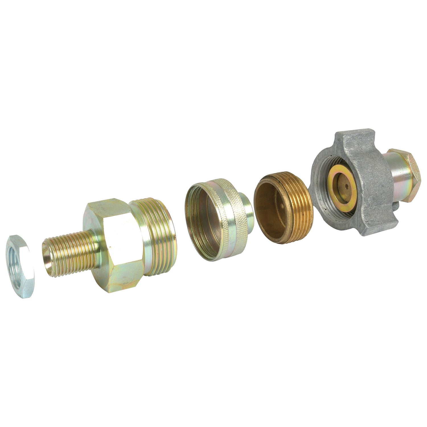 Exploded view of Sparex metal pipe fittings, featuring a 1/2” BSP Exactor type coupling (Sparex Part No. S.2353), threaded connectors, a coupling nut, and a valve assembly, all aligned in sequence.