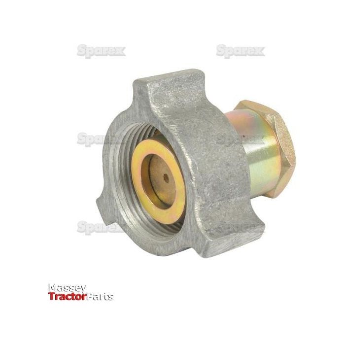 Image of a metallic hydraulic coupler with a hexagonal nut at one end and a circular, threaded opening on the other. The background features faint text "Sparex" and "Massey Tractor Parts," highlighting its compatibility with Massey Ferguson machinery. Perfect for precise coupling needs like the Exactor type Coupling 3/8” BSP female (Sparex Part No.S.2354).