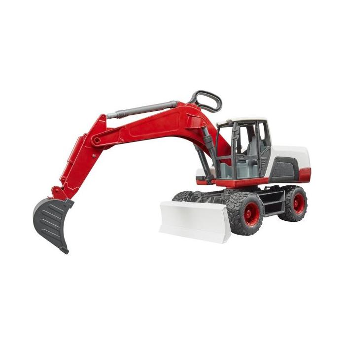 The Gallaghers Excavator - T034119 is a 1:16 scale model designed with realistic construction details, featuring a red arm and bucket, grey cabin, and white base. This toy excavator brings the thrill of real-life construction to kids.