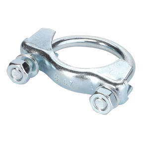 The Massey Ferguson exhaust clamp (part number 1676470M91) by AGCO is a metallic U-bolt silencer clamp with two nuts on each end.