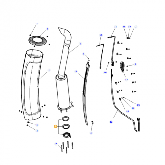 Illustration of a disassembled exhaust system for a Massey Ferguson, with individual parts labeled by number. Components include pipes, AGCO-branded clamps (such as the Massey Ferguson Exhaust Clamp - 4391625M91), gaskets, screws, and brackets.