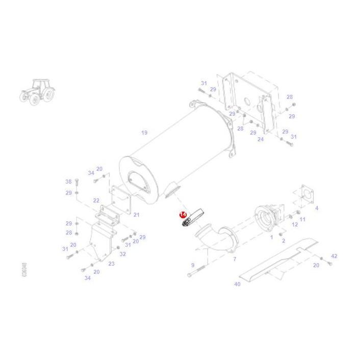 Exploded view diagram displaying the components of a machine, featuring parts such as cylinders, brackets, bolts, and other mechanical elements, each labeled with identification numbers. This detailed illustration is essential for comprehending the inner workings of AGCO's Fendt - Exhaust Clamp - G716201100100 in Fendt Vario S4 systems.