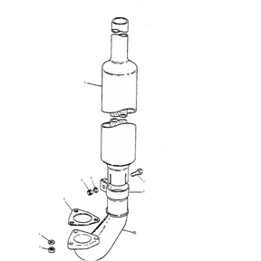 Illustration of a two-component cylindrical assembly, featuring bolts, nuts, and a curved base. Each part is annotated with lines directing to specific sections, indicating assembly guidelines for the Massey Ferguson - Exhaust Elbow - 897914M1 by AGCO.