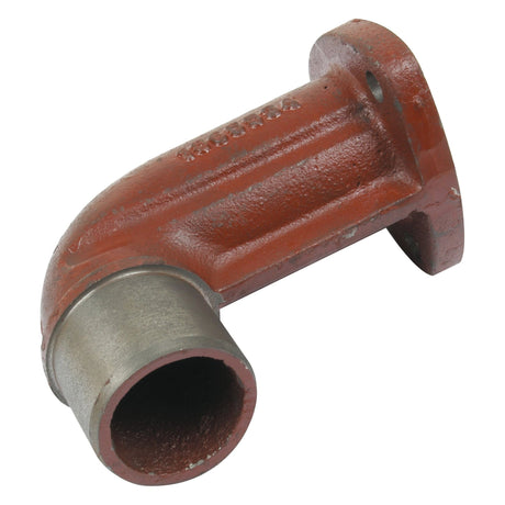 Here's an image of the Sparex Exhaust Elbow - S.16968, a red 90-degree metal pipe elbow featuring a flanged end and a threaded connection on the other side, ideal for use in Massey Ferguson machinery or as a Sparex replacement part.
