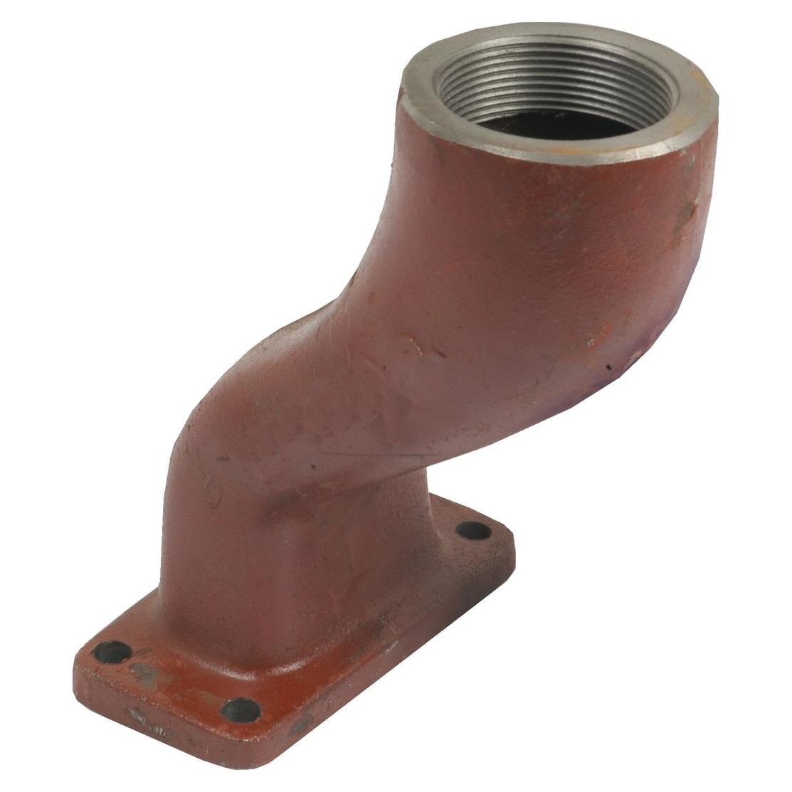 Sparex's Exhaust Elbow (Part No. S.57389) is a metal pipe fitting featuring a 90-degree bend, with a rust-colored surface and a threaded opening on one end. The opposite end is designed with a flat base that includes four bolt holes, reminiscent of components used in Case IH and International Harvester machinery.