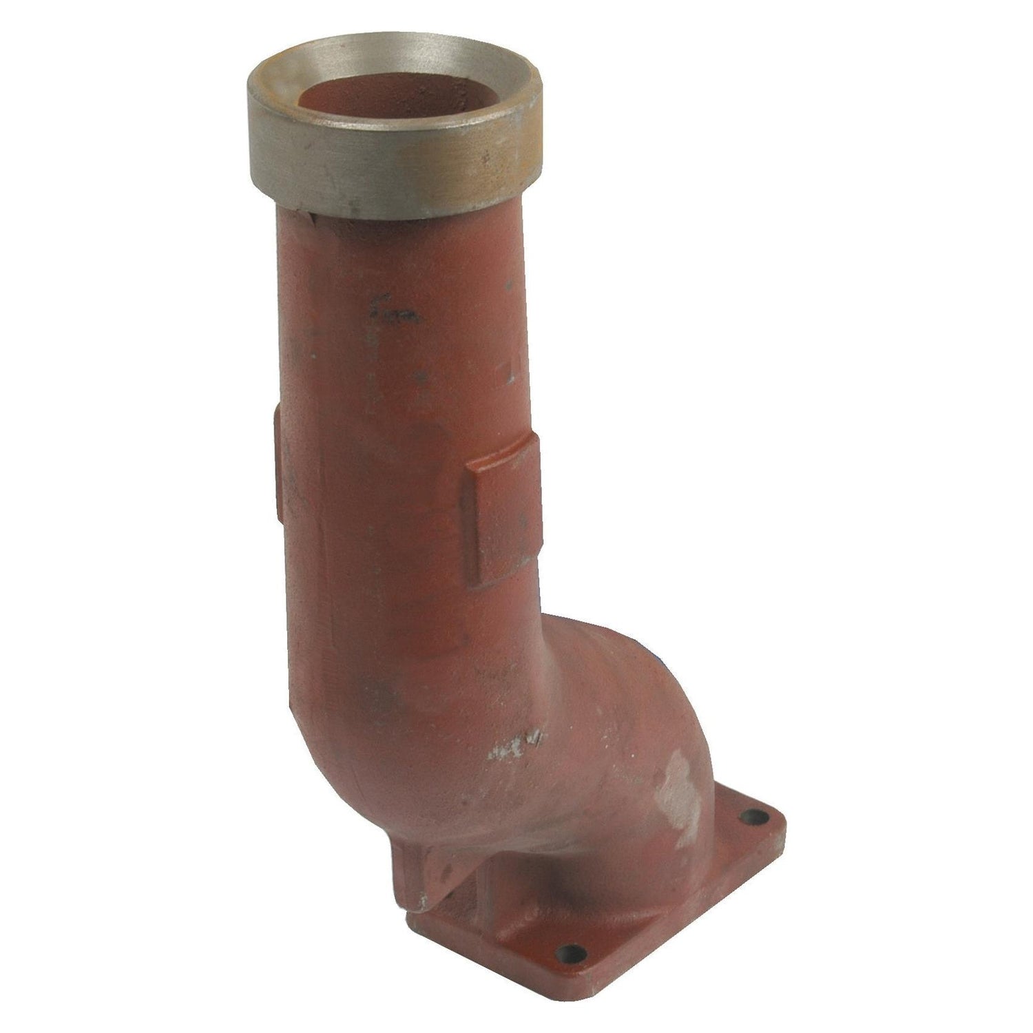 A rust-colored metal pipe with a curved shape, resembling an elbow-manifold from an International Harvester, stands vertically. This is the Exhaust Elbow by Sparex (Sparex Part No.S.57390). The top features a larger diameter opening with a metal ring and a flanged base.