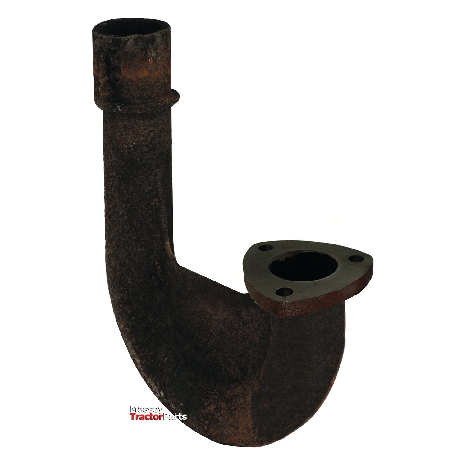 The Exhaust Elbow (Sparex Part No. S.58736) by Sparex is a rusty metal component with a right-angle bend and a mounting flange featuring two bolt holes, commonly found on Leyland vehicles.