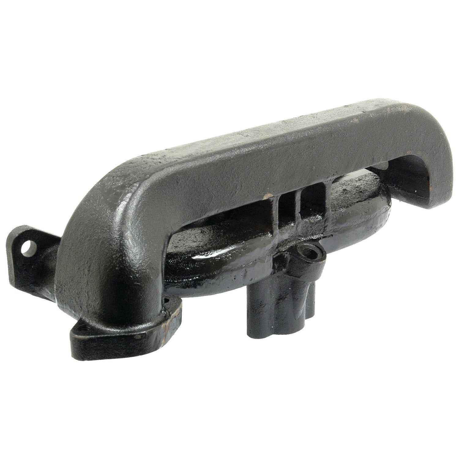 The Sparex Exhaust Manifold (4 Cyl.), part number S.43600, is a black, cast iron rectangular exhaust manifold with a rounded pipe, specifically designed to fit Massey Ferguson models. This product is perfect as a Sparex replacement.