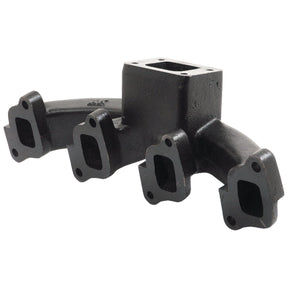 A black cast iron exhaust manifold with four openings, designed for use in 4-cylinder automotive engines like those in Ford New Holland vehicles. This product is known as the Exhaust Manifold (4 Cyl.), and it is listed under Sparex Part No. S.65308 from Sparex.