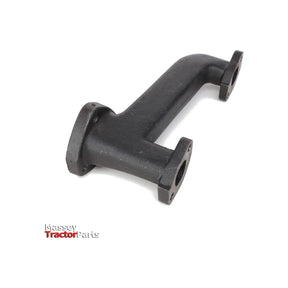A black metal exhaust manifold from AGCO for Massey Ferguson tractors, displayed on a white background with the "Massey Tractor Parts" logo in the lower-left corner. Designed specifically for MF models, it features the product name "Massey Ferguson - Exhaust Manifold - 740221M1.
