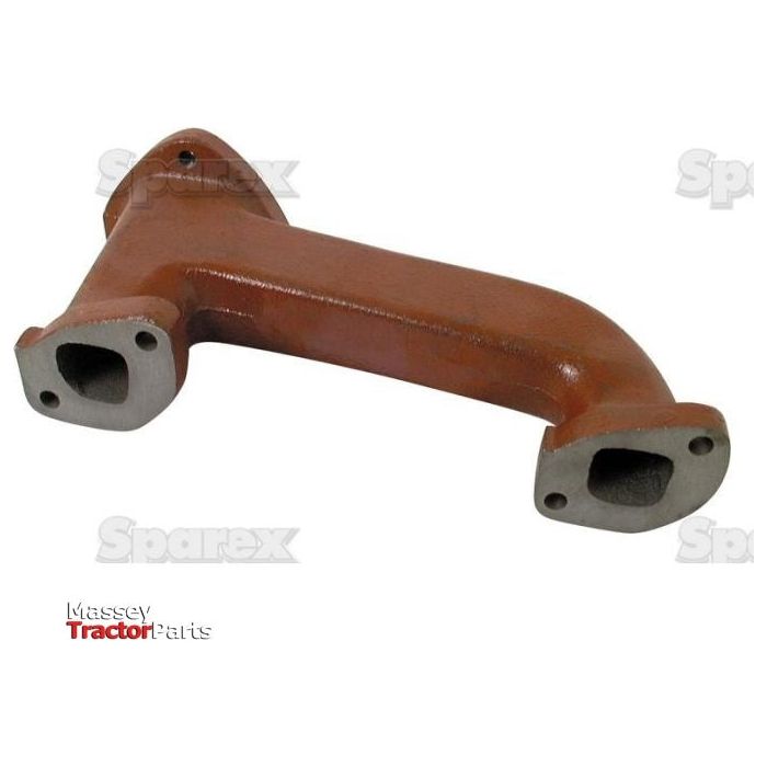 Image of an Exhaust Manifold (3 Cyl.) with Sparex Part No.S.41320. The rusty-red pipe has two openings on each end and features a 90° elbow bend. The image is overlayed with logos of "Sparex" and "Massey Tractor Parts.