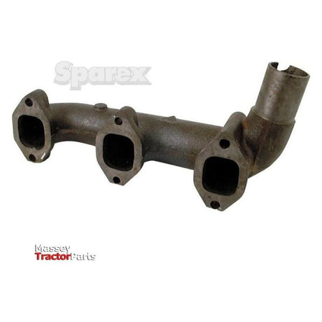 The Sparex Exhaust Manifold (3 Cyl.), Part No. S.62155, featuring a rusty metallic finish with three bolt holes for mounting and a single outlet pipe, is suitable for a Fiat 55-90 tractor with a 3-cylinder engine. Accompanying logos for Massey Tractor Parts and Sparex are displayed in the background.