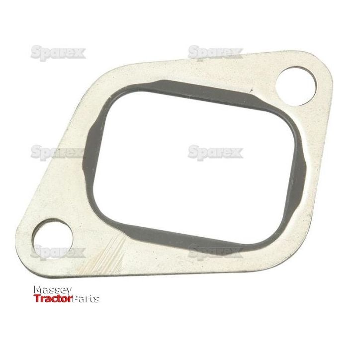 A metal gasket with two bolt holes and a central rectangular opening, labeled "Massey Tractor Parts" with faint "Sparex" markings, is ideal for fitting an exhaust manifold and is known as the Exhaust Manifold Gasket | Sparex Part No.S.42391.