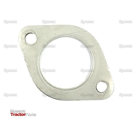 Image of a Sparex Exhaust Manifold Gasket (Part No. S.57393) with two holes opposite each other and a large round opening in the center, placed on a white background with faint logos and "Massey Tractor Parts" in the corner, suitable for International Harvester or Case IH machinery.