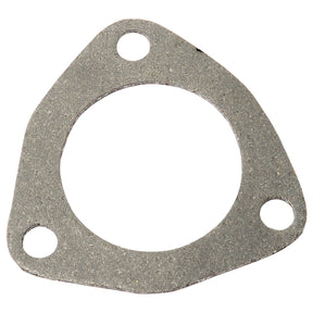 The Sparex Exhaust Manifold Gasket (Part No. S.65309) is a gray, triangular metal gasket with a large circular hole in the center and three smaller circular holes at the corners, specifically designed for use in New Holland exhaust manifold systems.
