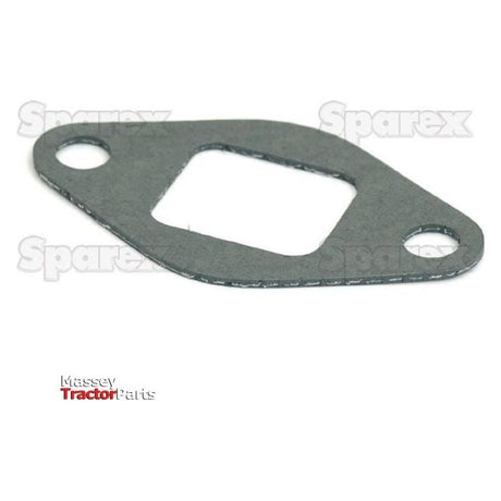 Image of a gray metal gasket with two circular holes on opposite ends and a central rectangular opening, designed for Perkins Engine. The background features a faint "Sparex" watermark and "Massey TractorParts" logo. This is the Exhaust Manifold Gasket | Sparex Part No.S.42686, ideal for Massey Ferguson exhaust manifold repairs.