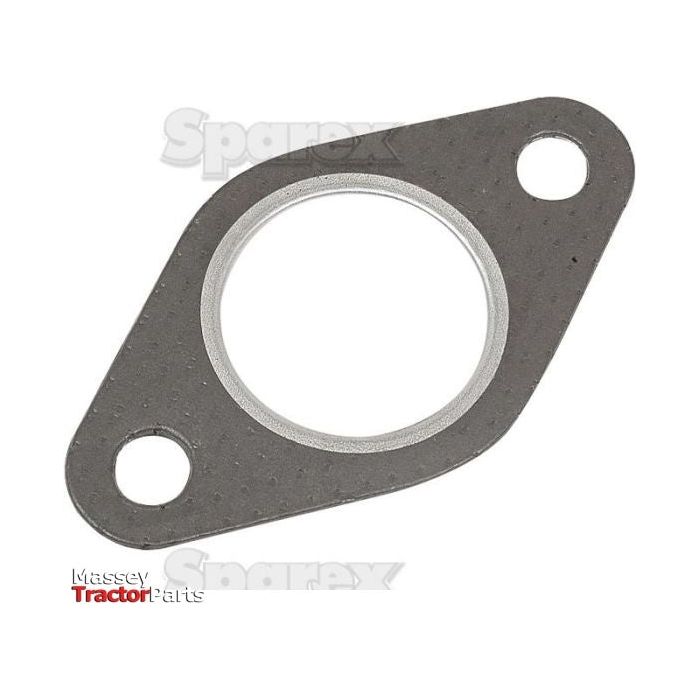 The Exhaust Manifold Gasket (Sparex Part No. S.57572) is a metal gasket featuring two bolt holes and a central opening, specifically designed for use in machinery or automotive applications, including exhaust manifold systems. The image showcases branding from Massey Tractor Parts and Sparex, and it is compatible with Case IH.