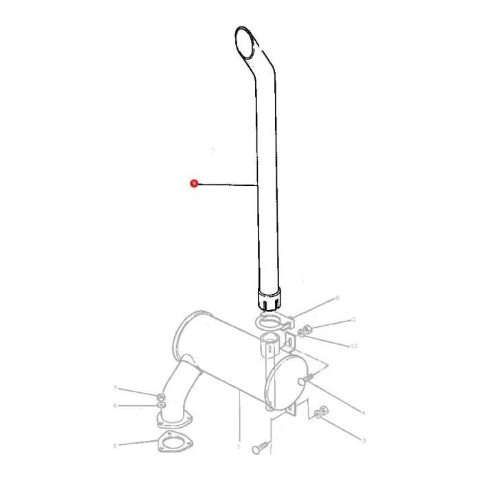 Diagram of a mechanical component with several parts and numbered labels. The main focus is the AGCO Massey Ferguson Exhaust Pipe (1696602M3), a long, curved pipe connecting to a cylindrical unit, with a highlighted red dot indicating a specific area.