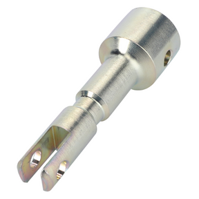 The AGCO Massey Ferguson - Extension - 1679992M4 is a metal coupling or connector piece with a cylindrical body, featuring a slotted, open end with two parallel prongs and holes for attachment. It is compatible with Massey Ferguson 675 tractor models.