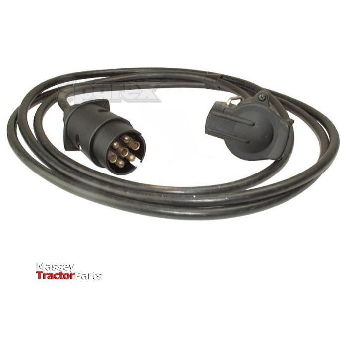 The Sparex Extension Cable 7M, 7 / 7 Pin (Sparex Part No. S.4834) features a plastic plug and a coiled design specifically for connecting trailers to towing vehicles. Suitable for 12/24V systems, this 7-core cable ensures reliable performance and includes an image showcasing the Massey Tractor Parts logo.