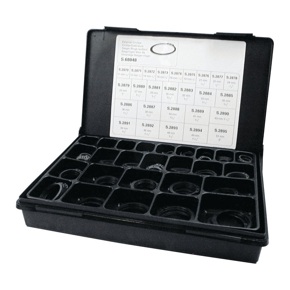 A black plastic case labeled Sparex Part No. S.68048, containing an assortment of 330 pieces of External Circlips (DIN or Standard No. 471), separated into compartments with a size chart on the lid.