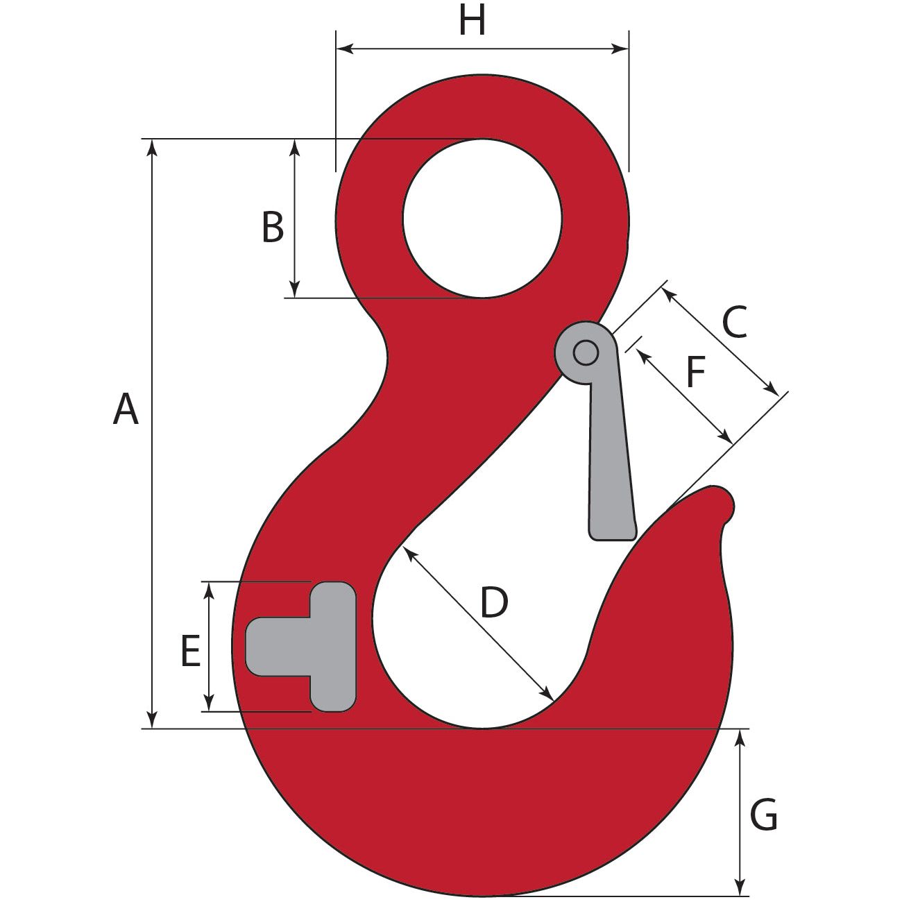 Illustration of a red lifting hook, the Eye Hook & Safety Pawl 34mm - S.54230 by Sparex, with various labeled measurements (A to H) indicating different dimensions for reference and specification purposes, including an Eye Ø 23mm. It includes a SWL of 1500 kgs and comes with a test certificate.