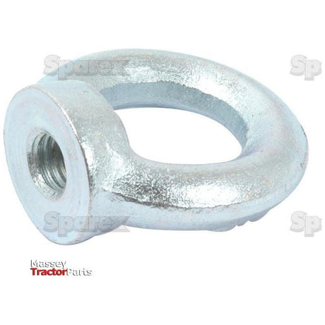 A zinc-plated metric eye nut (M10 x Ø25mm) with a threaded hole on one side is displayed against a white background, featuring the brand name "Sparex" and "Massey Tractor Parts." This component, compatible with DIN 582 standards and identified as Sparex Part No. S.54778, ensures durability and reliability.