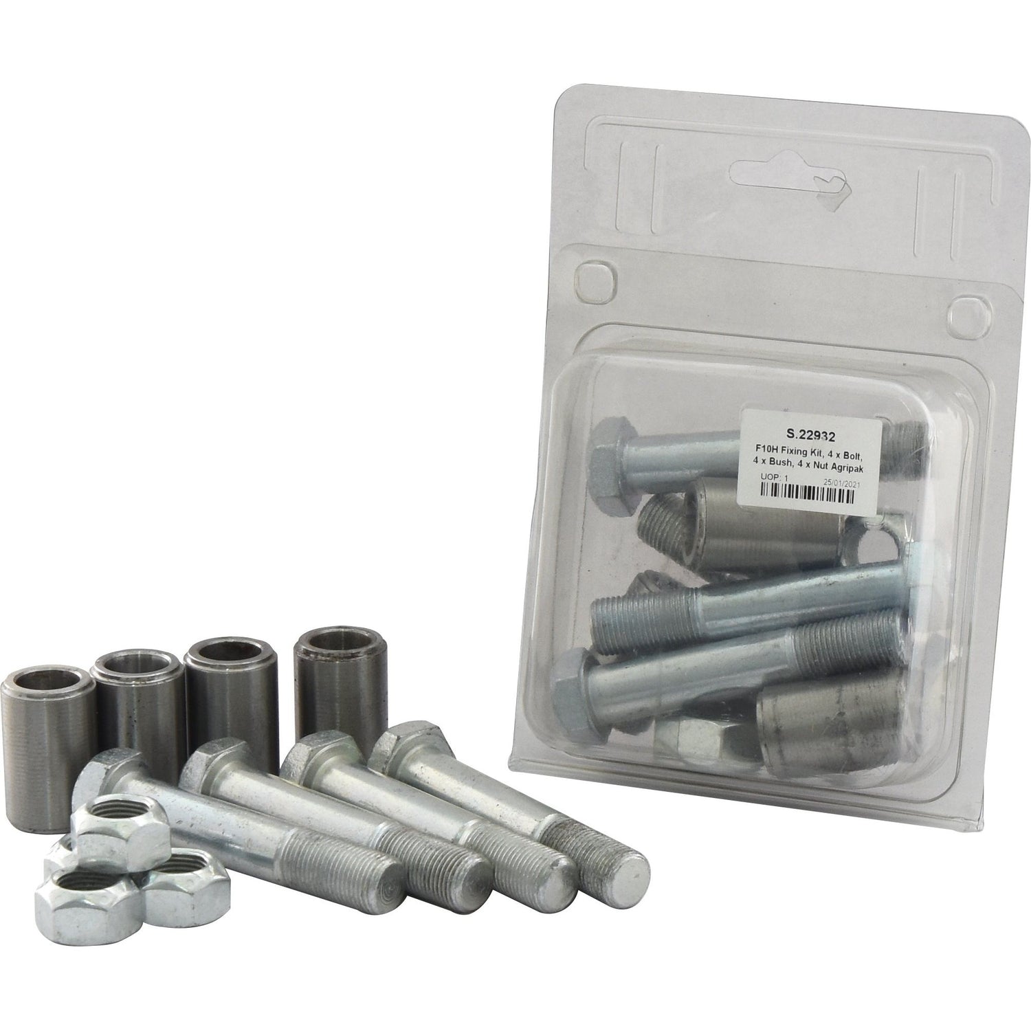 A set of bolts, nuts, and cylindrical spacers from the Sparex F10H Fixing Kit is displayed next to a clear plastic package labeled "S.22932.