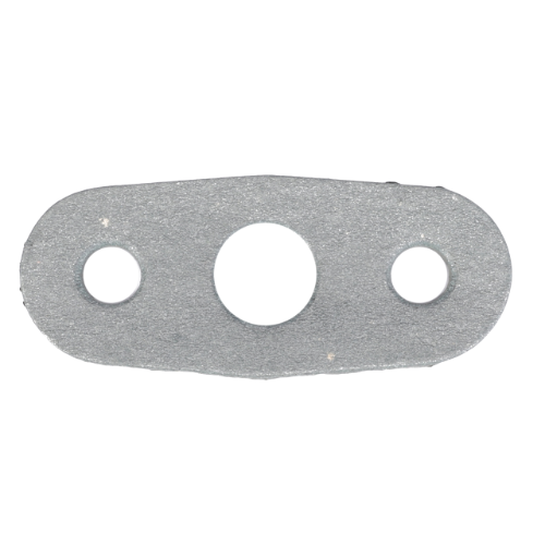 A flat, gray metal gasket with three circular holes arranged in a triangular pattern, perfect for Fendt models needing genuine seals, is available as the Fendt - Gasket Turbo Pipe - F339202090130 from AGCO.
