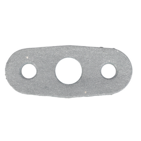 A flat, gray metal gasket with three circular holes arranged in a triangular pattern, perfect for Fendt models needing genuine seals, is available as the Fendt - Gasket Turbo Pipe - F339202090130 from AGCO.