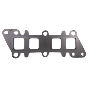 An AGCO Fendt - Gasket Exhaust Bend (F339202100050) is a gray metal automotive gasket featuring three rectangular openings and multiple bolt holes around the edges, designed for Vario and compatible with genuine exhaust components of Fendt Models.