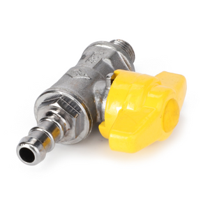 The AGCO Fendt Drain Filter (F916200060030) is a metal valve featuring a yellow plastic handle, with a barbed hose fitting on one end and a threaded connection on the other, compatible with Massey Ferguson models.