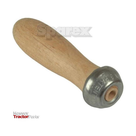 A file handle with a wooden grip and a rounded metal cap, featuring the text "9 Patent." The image showcases the text "Sparex" and a Massey Tractor Parts logo, indicating its specifications and quality as part of Sparex's Safety Handles collection. This specific model is named File Handle 108mm | Sparex Part No.S.2746.