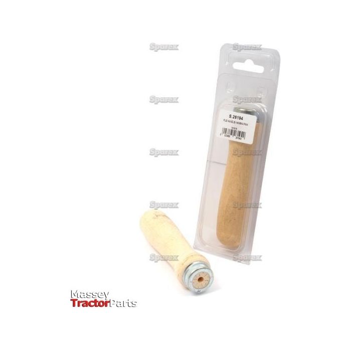 A wooden-handled tool with a 140mm handle length and its packaging are shown. The packaging features a barcode and the brand name "Sparex." The tool, which resembles the File Handle 140mm from Sparex (Part No. S.26194), appears to be a clutch aligning tool for vehicle repairs.