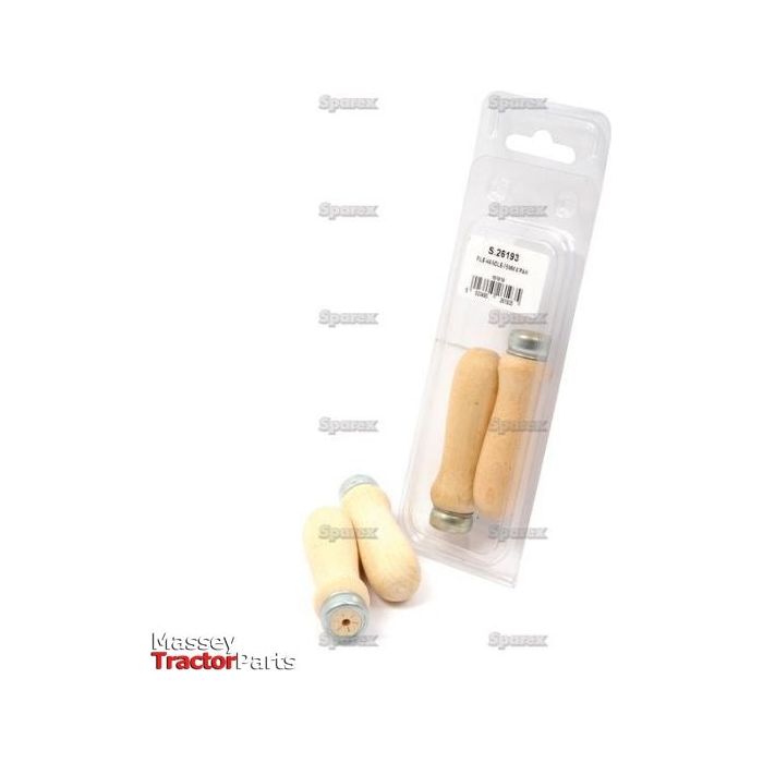 Two wooden-handled tools, one loose and one in its plastic packaging labeled "Sparex S.26193," are displayed against a white background. The File Handle 75mm (Agripak 2 pcs.) features a 75mm handle length, with the file length adjustable between 75-150mm.