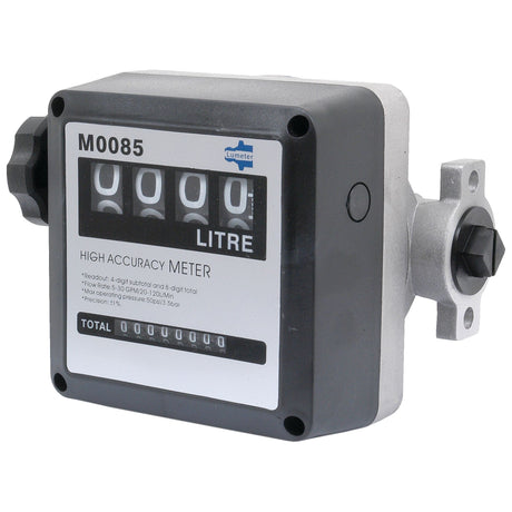 The Sparex FLOW METER-MECHANICAL - S.18504 is a high-accuracy meter featuring a digital display that shows 0000 liters and includes a totalizer function. This model comes with inlet/outlet connectors, mounting hardware, and is compatible with thin viscosity liquids, making it ideal for gravity feed hose assembly applications.

