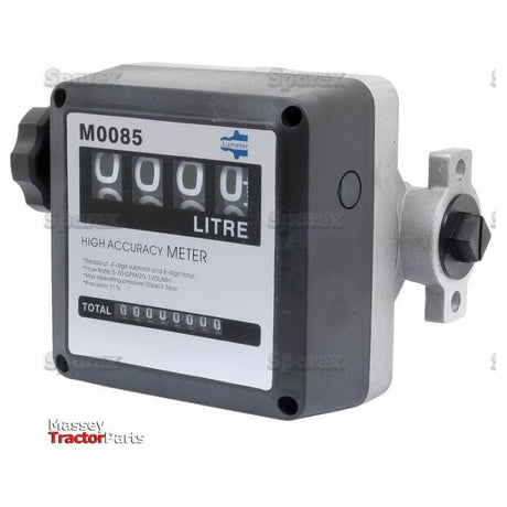 A high accuracy mechanical flow meter labeled "S.18504" from Sparex, featuring numerical dials that display measurements in liters. The black and white meter, designed for thin viscosity liquids, is mounted on a metal bracket.