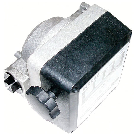 Close-up of the Sparex FLOW METER-MECHANICAL - S.18504, featuring a silver and black design with a numeric display, adjustment knob, and mounting bracket, designed to work seamlessly with thin viscosity liquids.