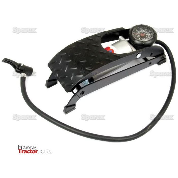 A black foot pump with a pressure gauge and attached hose. The Sparex Foot Pump Single Barrel (Part No. S.24589) features a diamond-plate stepping surface and is labeled "Massey Tractor Parts.