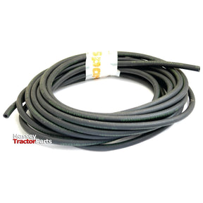 A coiled black hydraulic hose, identified as a Fuel Hose | Sparex Part No.S.31249 with a Hose ID of 8mm and secured by a white band, is placed on a white background. Near the bottom left, "Massey Tractor Parts" is written in red and black text.
