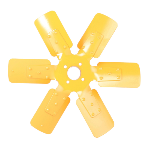 A six-bladed metal fan in yellow, viewed from the front, with a circular center featuring a small perforation—part of the Massey Ferguson 362 and identified as AGCO's Massey Ferguson Fan (3611919M1).