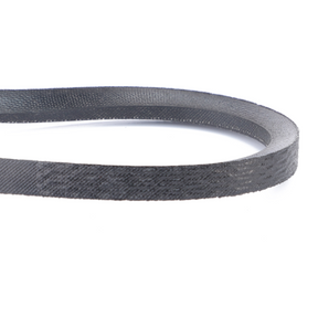 A close-up image of the AGCO Massey Ferguson Fan Belt, model number 1669923M1, featuring a black serrated edge made of textured material, coiled partially on a white background.